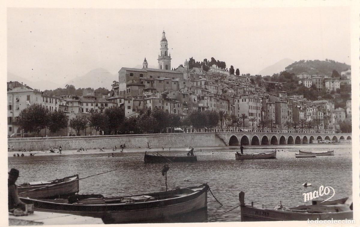 Postkarten: Postal de Menton, Francia, vista general con barcos en la costa