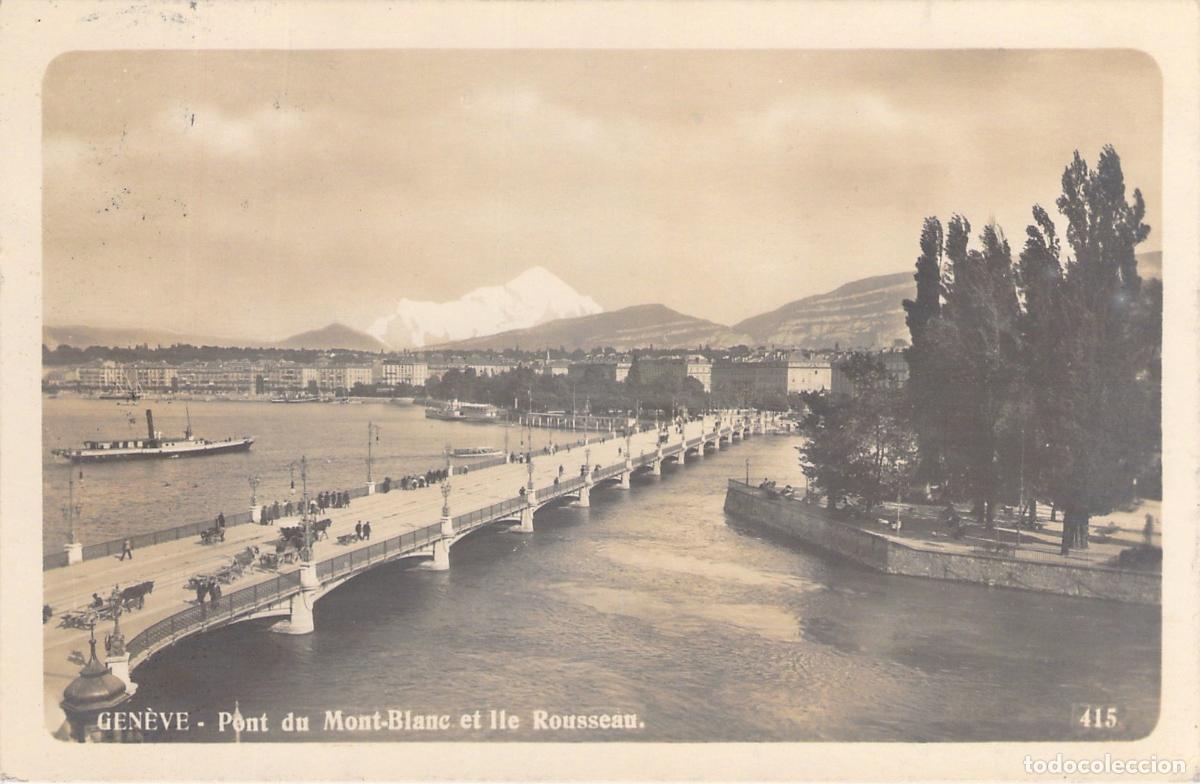Postales: Postal de Ginebra Puente del Mont-Blanc e Isla Rousseau