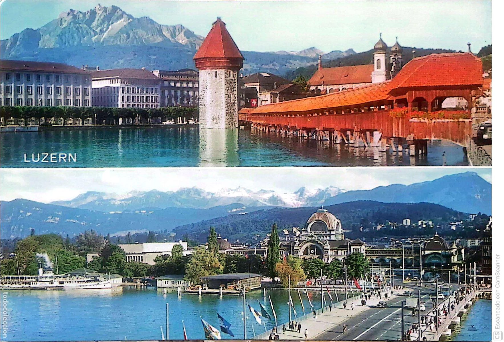 Postkarten: Lucerna (Suiza). Vistas varias. Usada con sello. Color