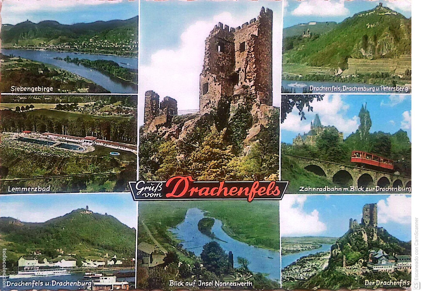 Postkarten: Drachenfels (Alemania). La Roca del Drag&oacute;n, a orillas del Rhin, destino tur&iacute;stico m&aacute;s c&eacute;lebre del pa