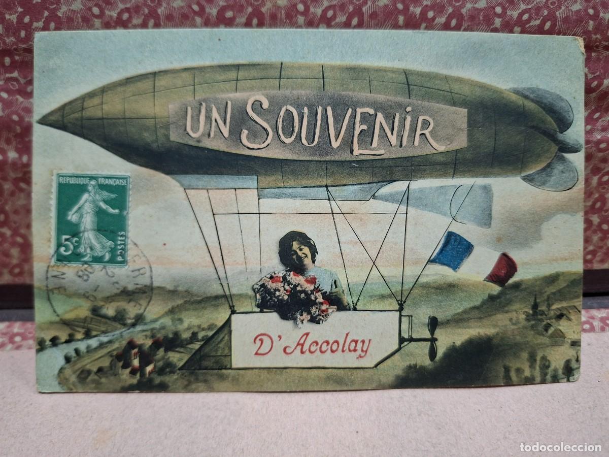 Postales: ANTIGUA POSTAL ROMANTICA RECUERDO D'ACCOLAY AUTOGIRO ZEPPELIN