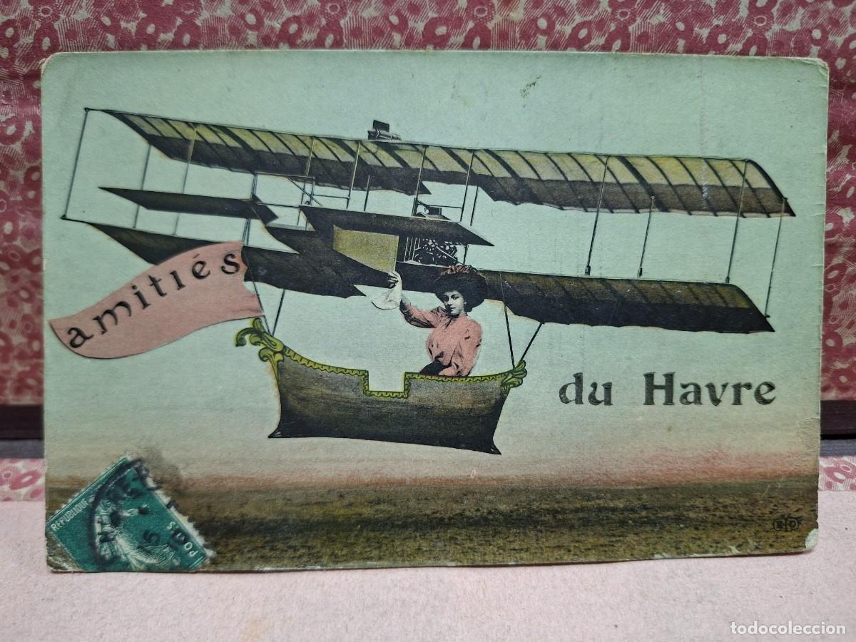 Postales: ANTIGUA POSTAL ROMANTICA RECUERDO DE HAVRE FRANCIA AEROPLANO AVION