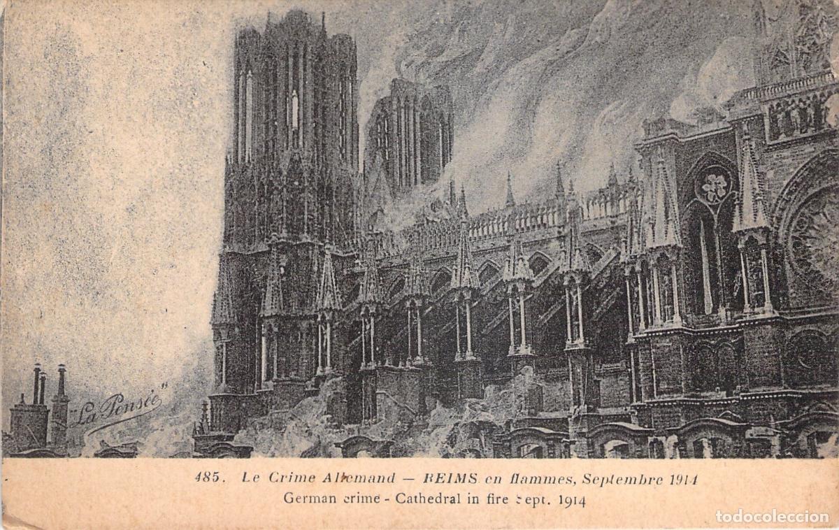 Postkarten: Postal de la Catedral de Reims en llamas durante la Primera Guerra Mundial