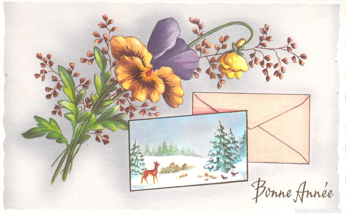 Postais: Postal de Feliz A&ntilde;o Nuevo con flores y paisaje invernal
