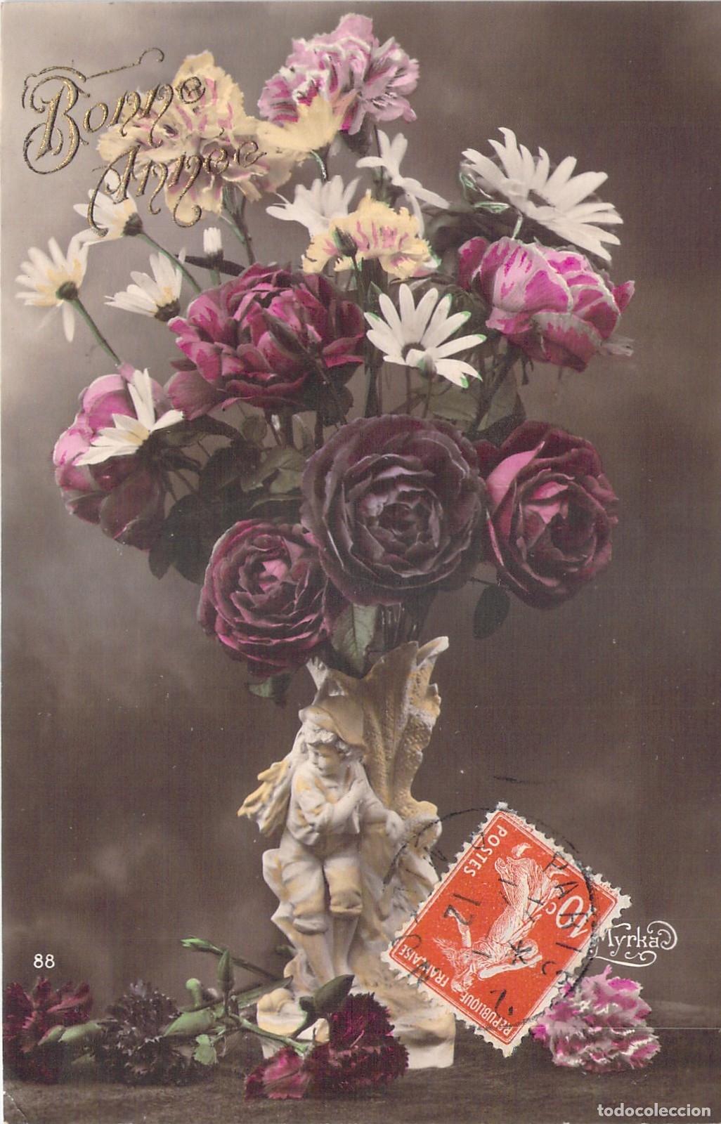Postales: Postal antigua de ramo de flores con mensaje Bonne Annee