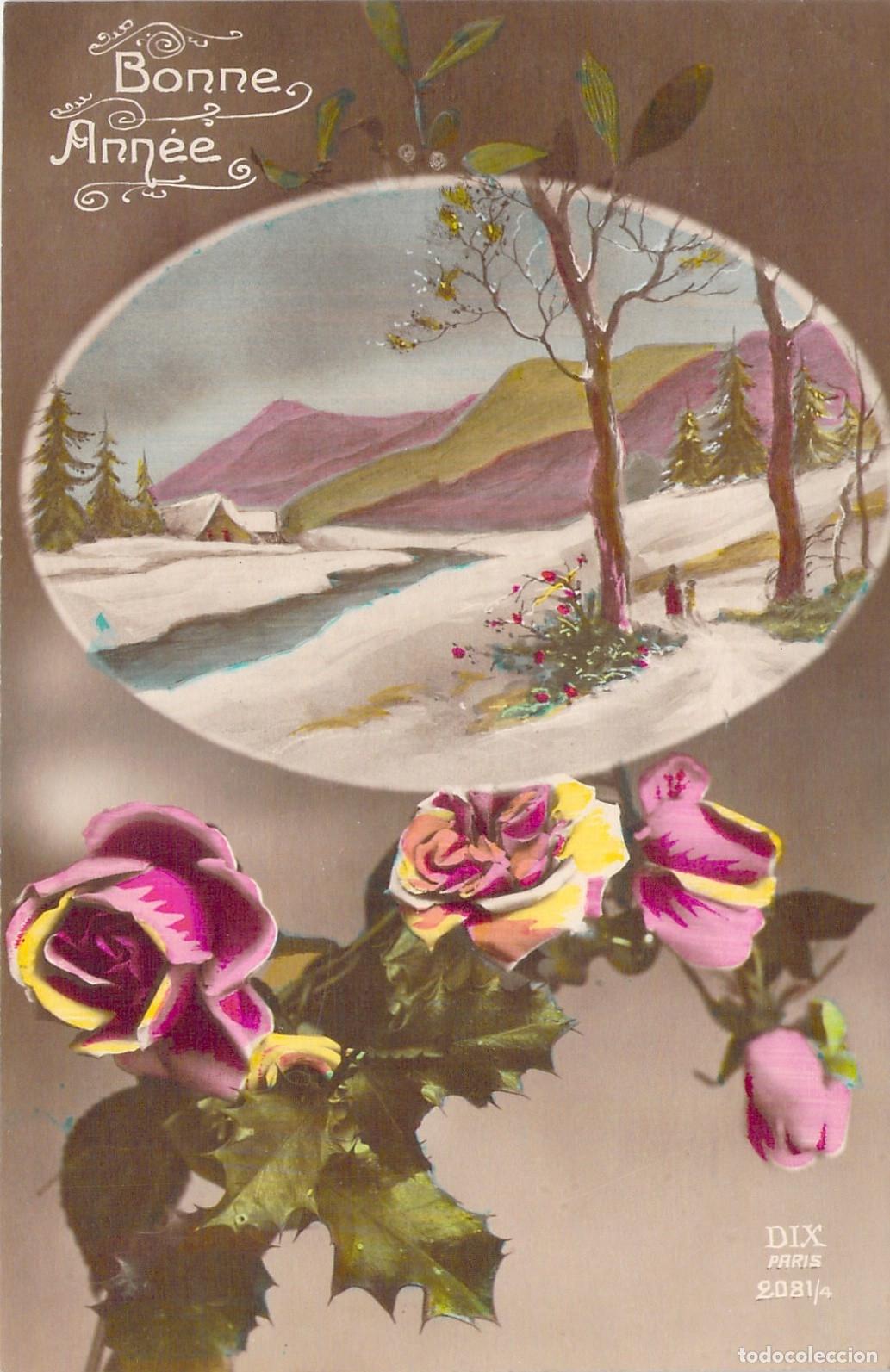 Postales: Postal antigua de felicitaci&oacute;n de A&ntilde;o Nuevo con paisaje invernal y rosas