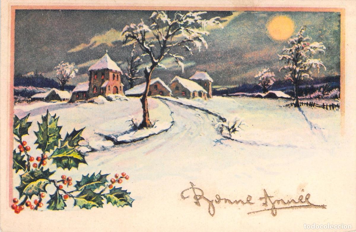 Postales: Postal de paisaje invernal nevado con acebo y felicitaci&oacute;n