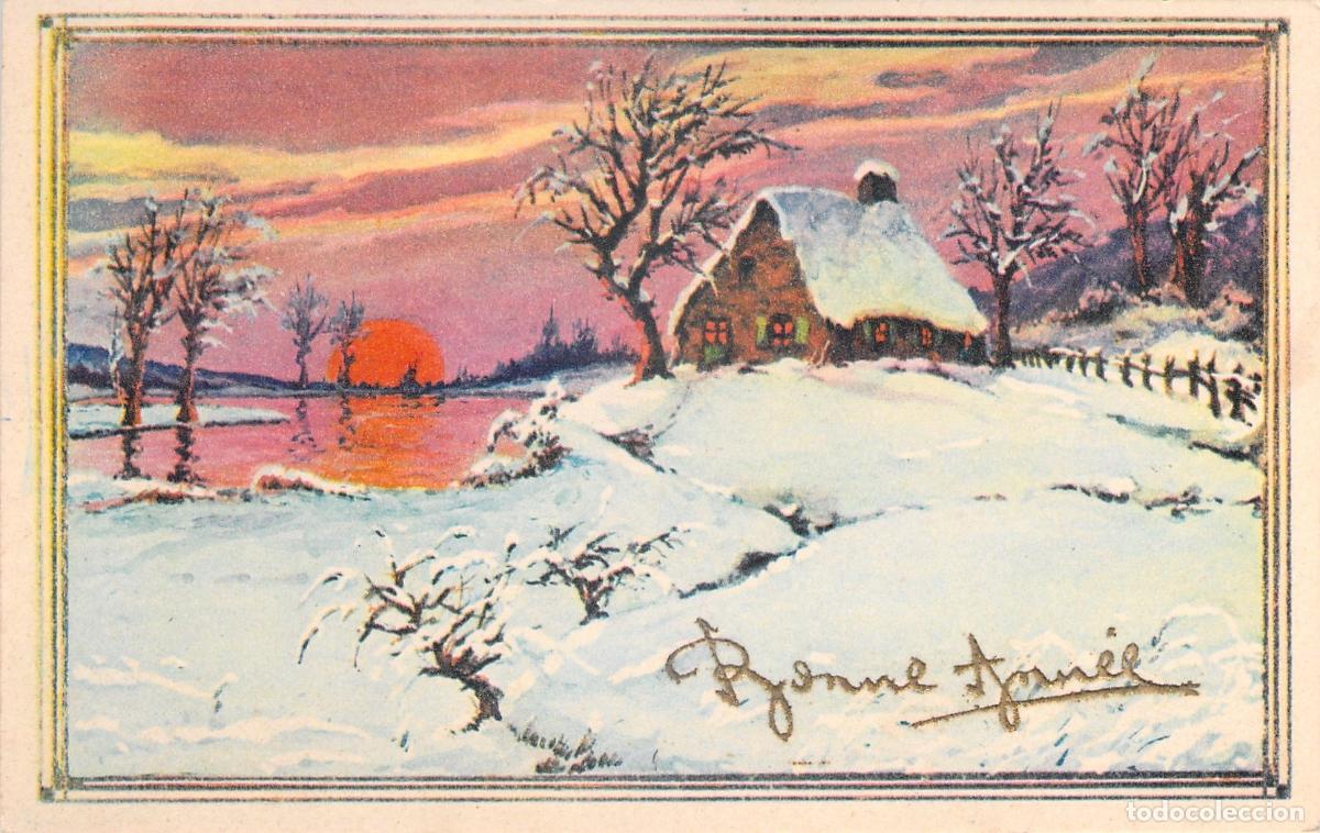 Postales: Postal de paisaje invernal con caba&ntilde;a y saludo de Feliz A&ntilde;o Nuevo