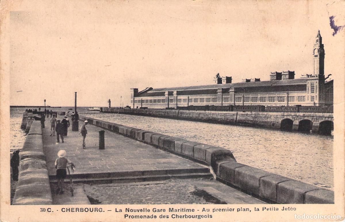 Postales: Postal de la estaci&oacute;n mar&iacute;tima y el muelle de Cherbourg en Francia
