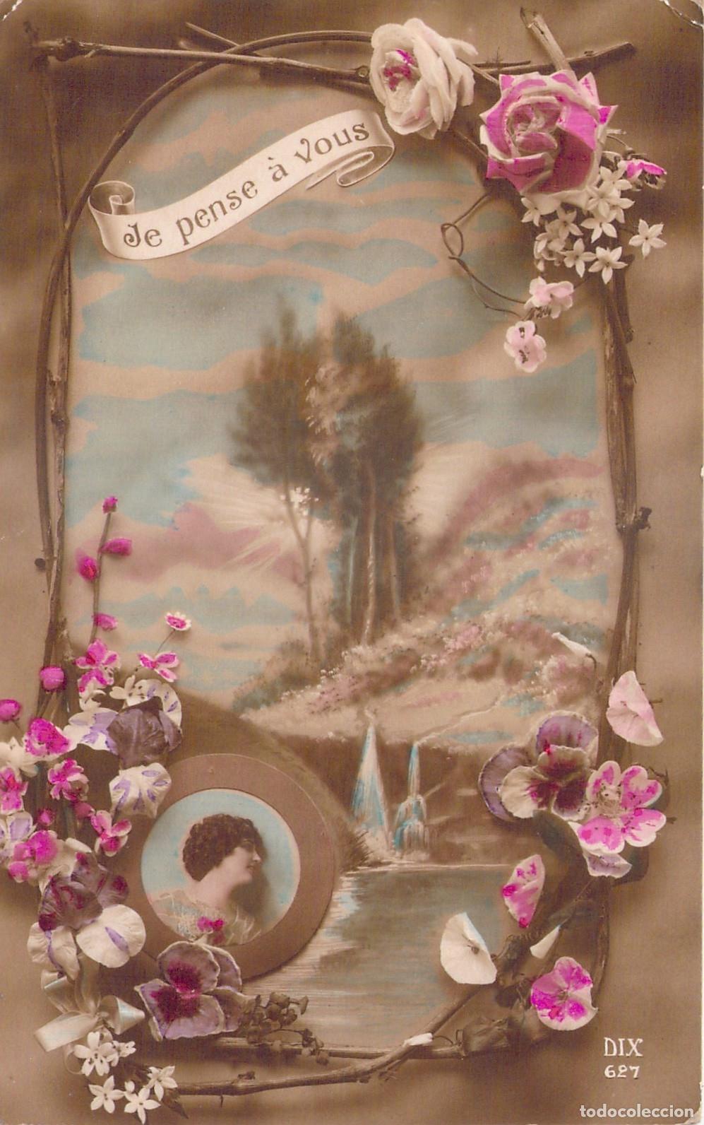 Postais: Postal sentimental con flores y retrato femenino