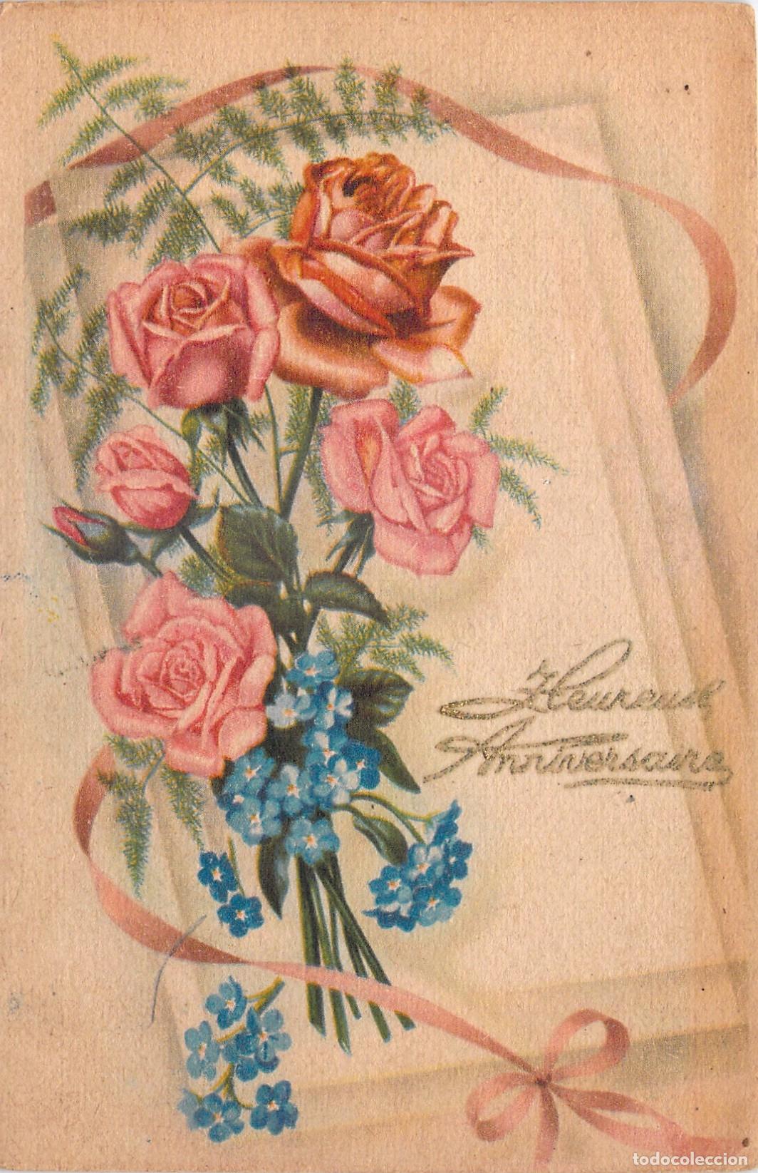 Cartoline: Postal de felicitaci&oacute;n de cumplea&ntilde;os con ramo de rosas