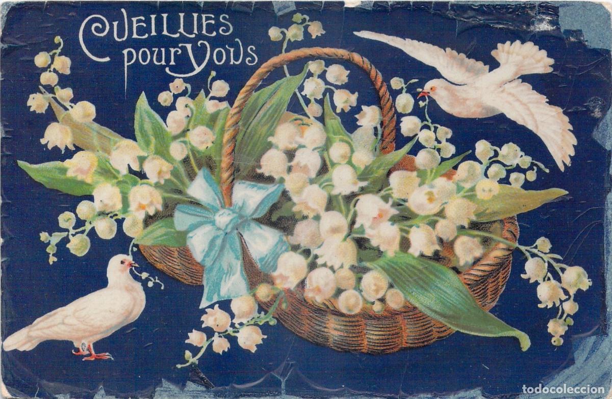Cartes Postales: Postal de flores con lirios del valle y palomas de la paz