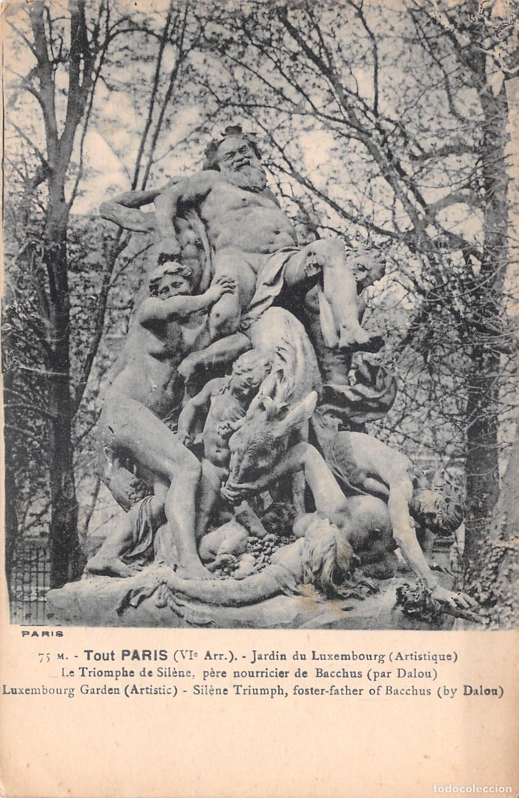 Postales: Postal del Jard&iacute;n del Luxemburgo con la escultura Triunfo de Sileno