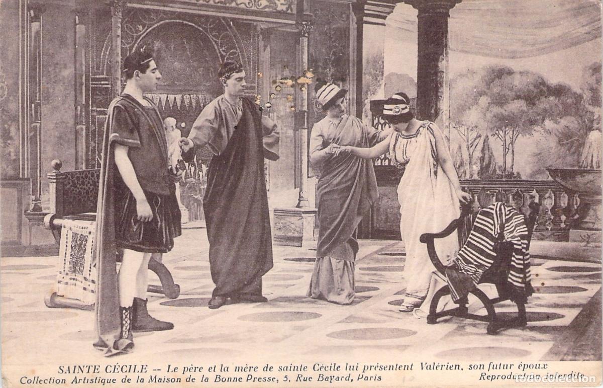 Postales: Postal de Sainte C&eacute;cile y Val&eacute;rien, escena teatral religiosa