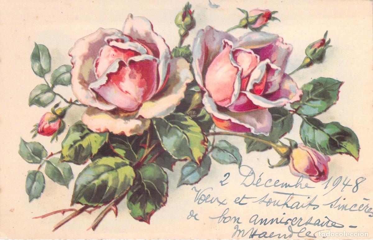 Postales: Postal de bellas rosas ilustradas con mensaje de aniversario