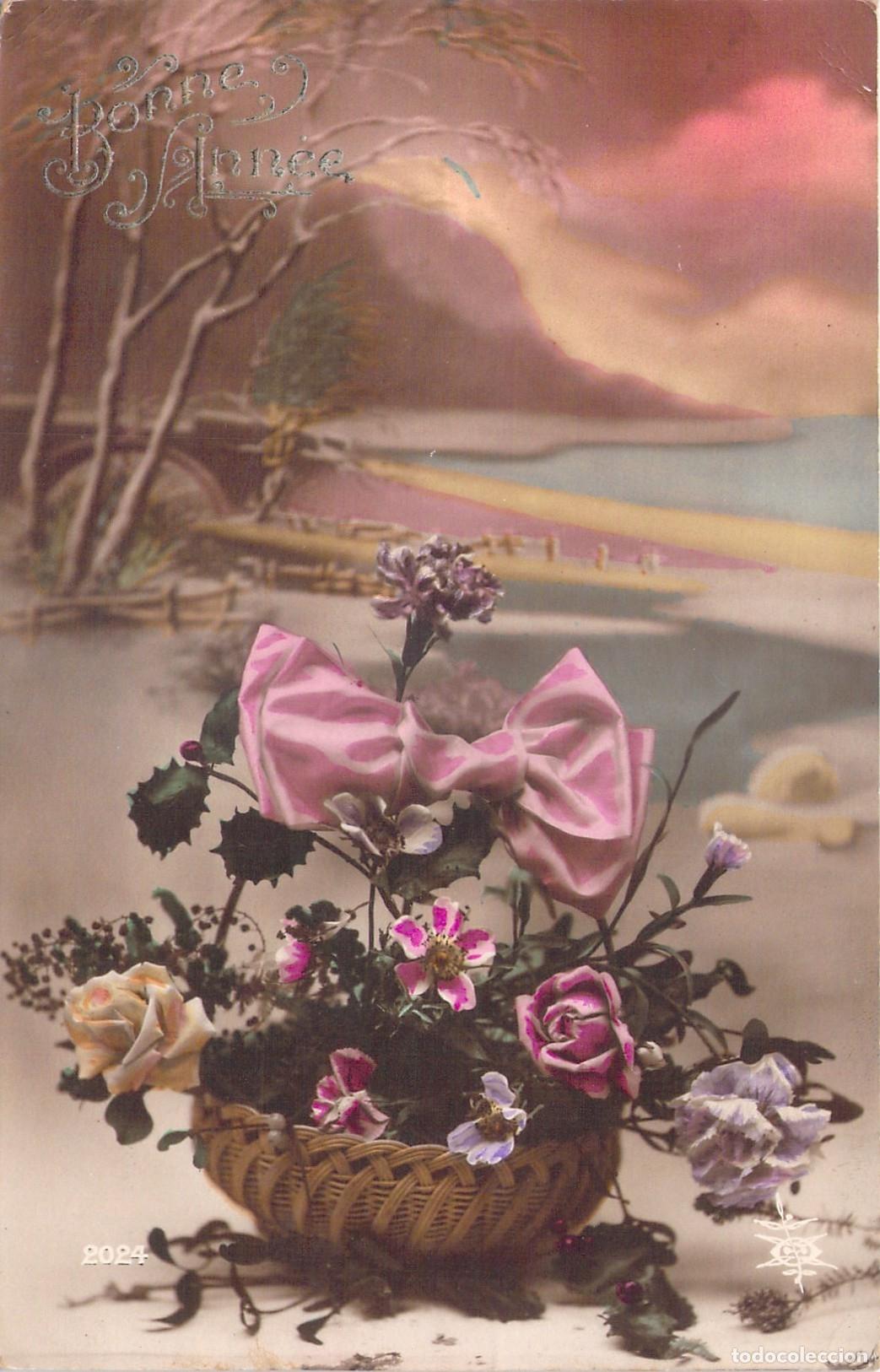 Postales: Postal de A&ntilde;o Nuevo con Cesta de Flores