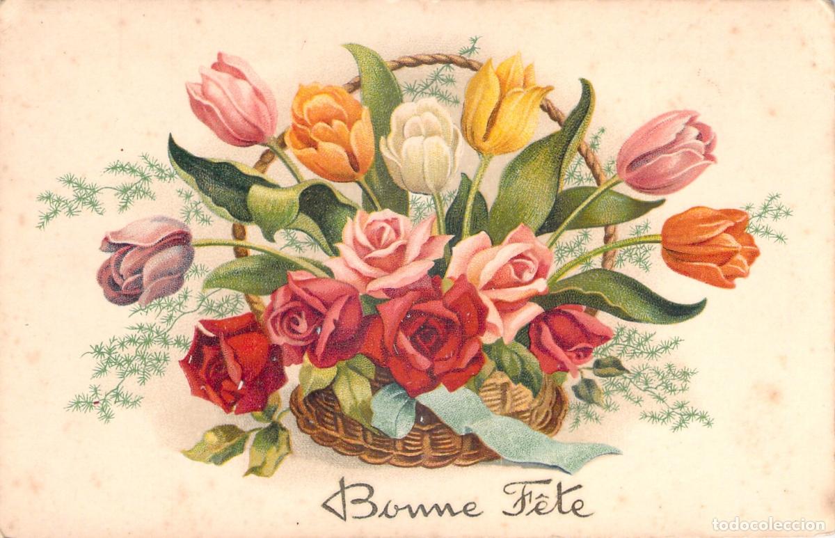 Postcards: Postal con ilustraci&oacute;n de flores en cesta y mensaje Bonne F&ecirc;te