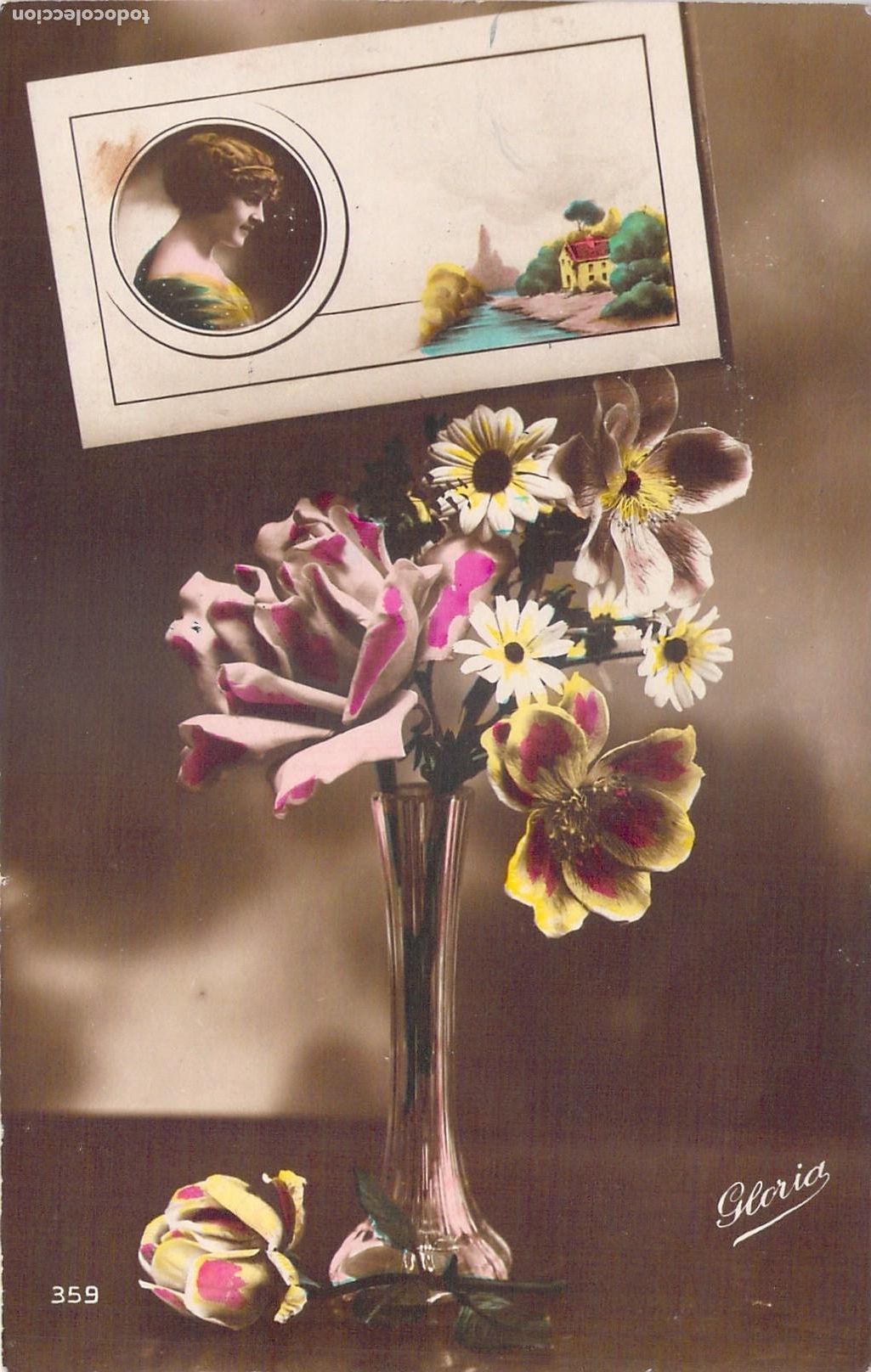 Postcards: Postal con ramo de flores rosas y margaritas en jarr&oacute;n
