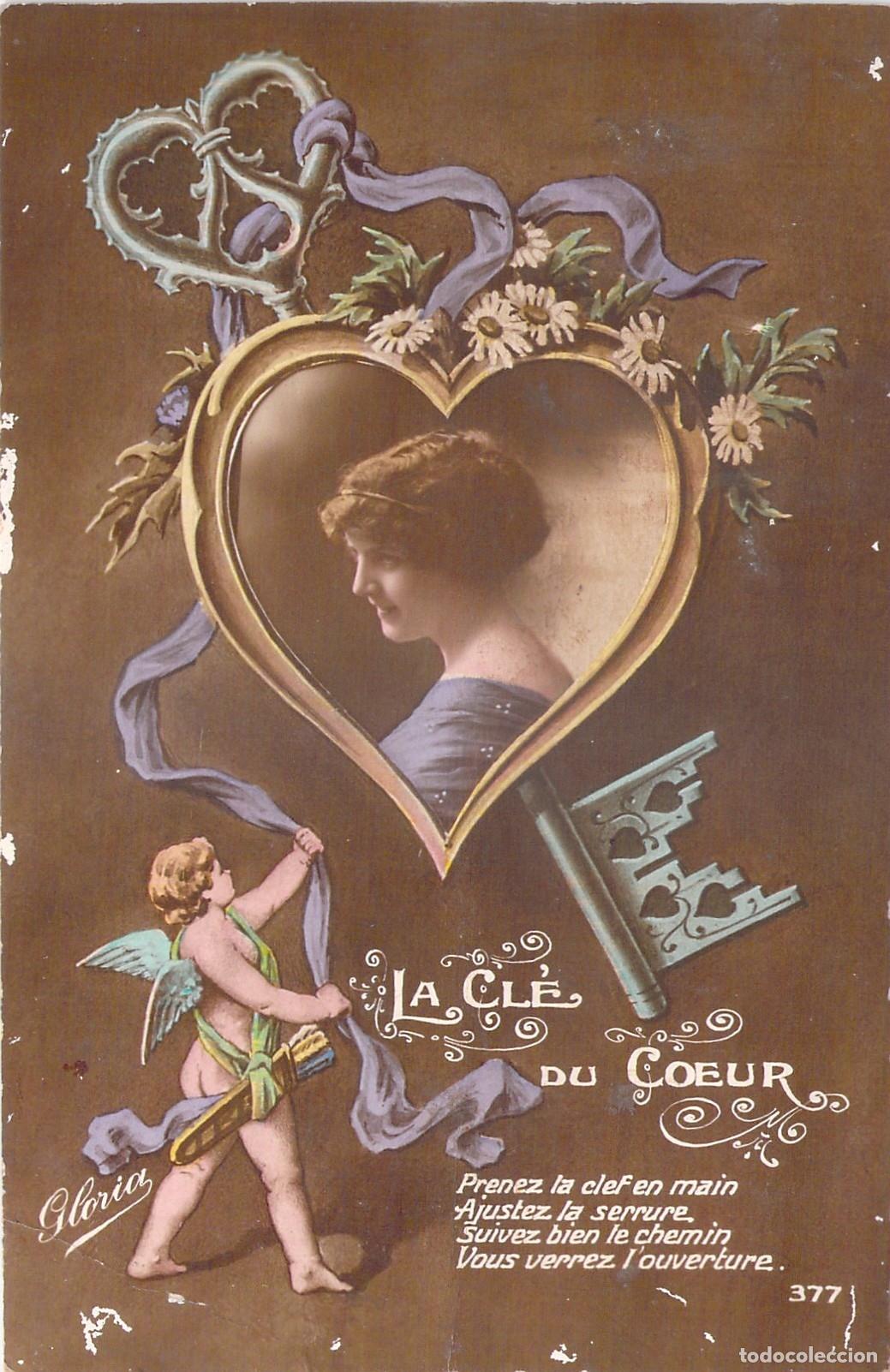 Cartes Postales: Postal rom&aacute;ntica con Cupido y la llave del coraz&oacute;n