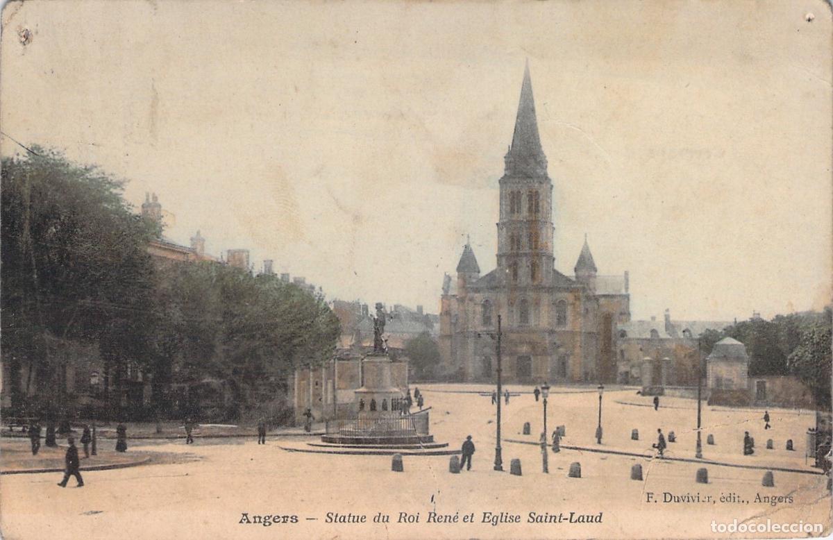 Cartoline: Postal de la Estatua del Rey Ren&eacute; y la Iglesia Saint-Laud en Angers