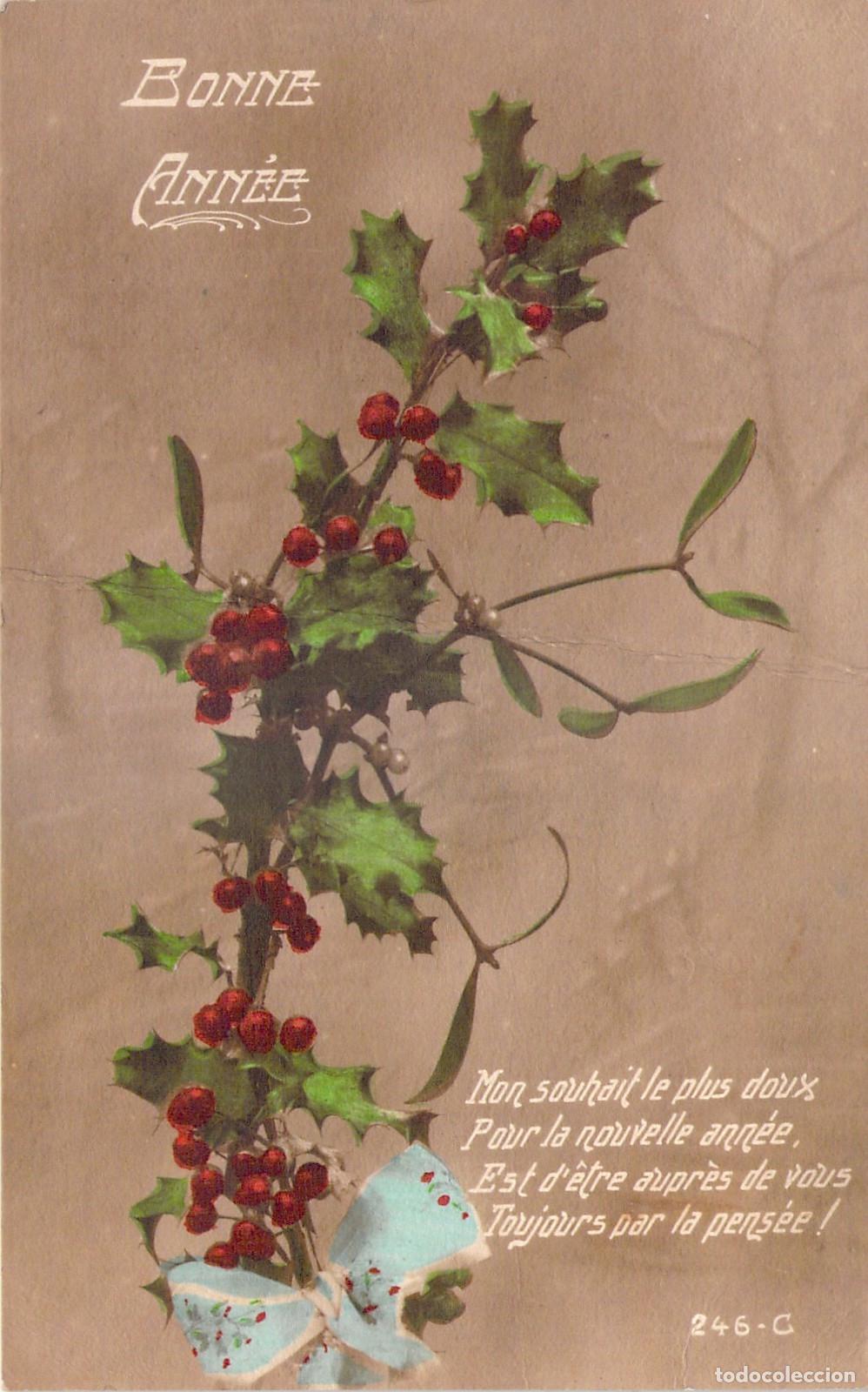 Cartoline: Postal de Feliz A&ntilde;o Nuevo con Acebo, Par&iacute;s 1919