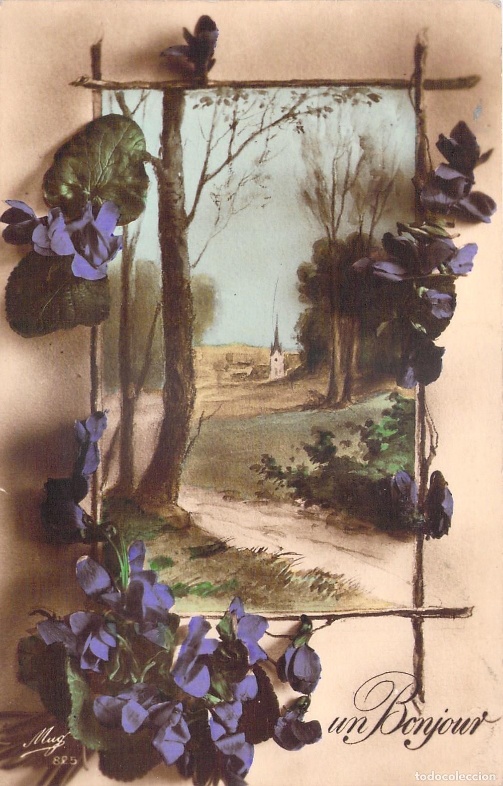 Cartoline: Postal ilustrada con violetas y paisaje, saludo afectuoso