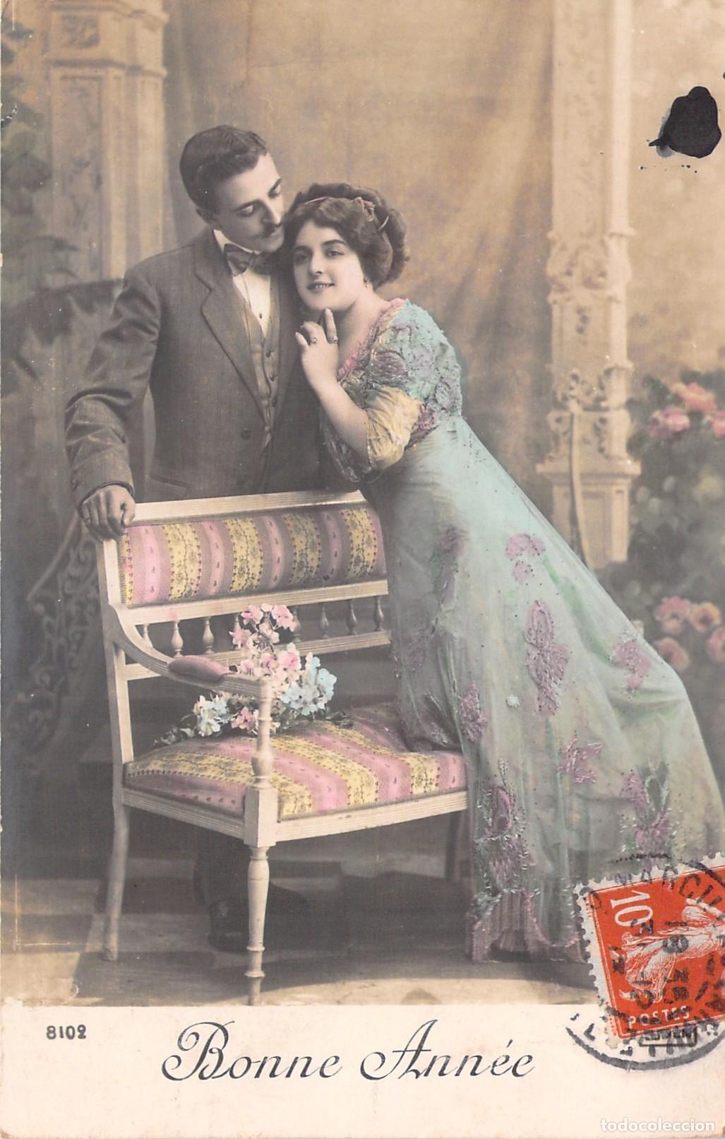 Postkarten: Postal Francesa Bonne Ann&eacute;e con Pareja Elegante
