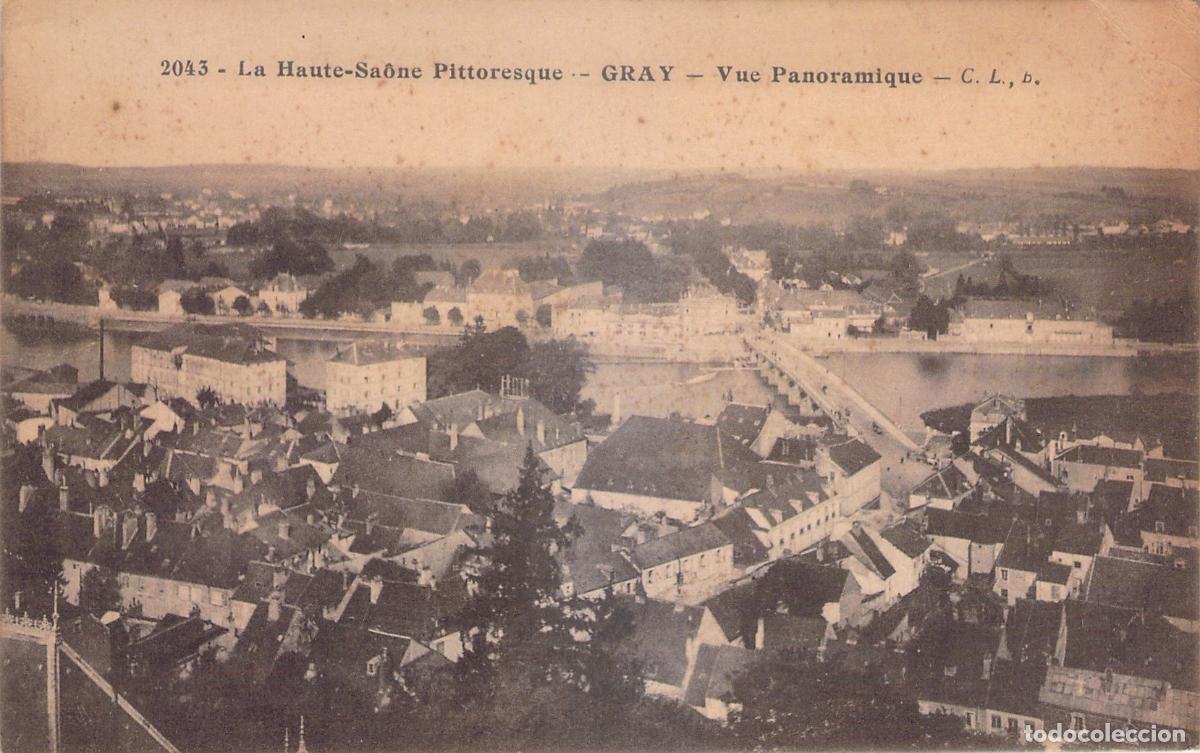 Postkarten: Postal de Gray, vista panor&aacute;mica de la ciudad y el r&iacute;o Saona en Francia