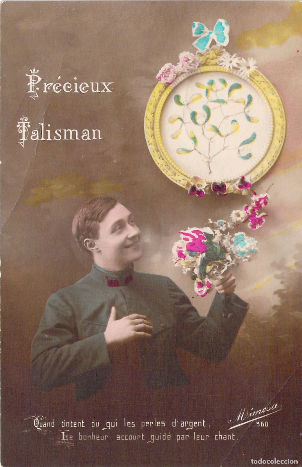 Postkarten: Postal antigua de soldado franc&eacute;s con motivos de mu&eacute;rdago