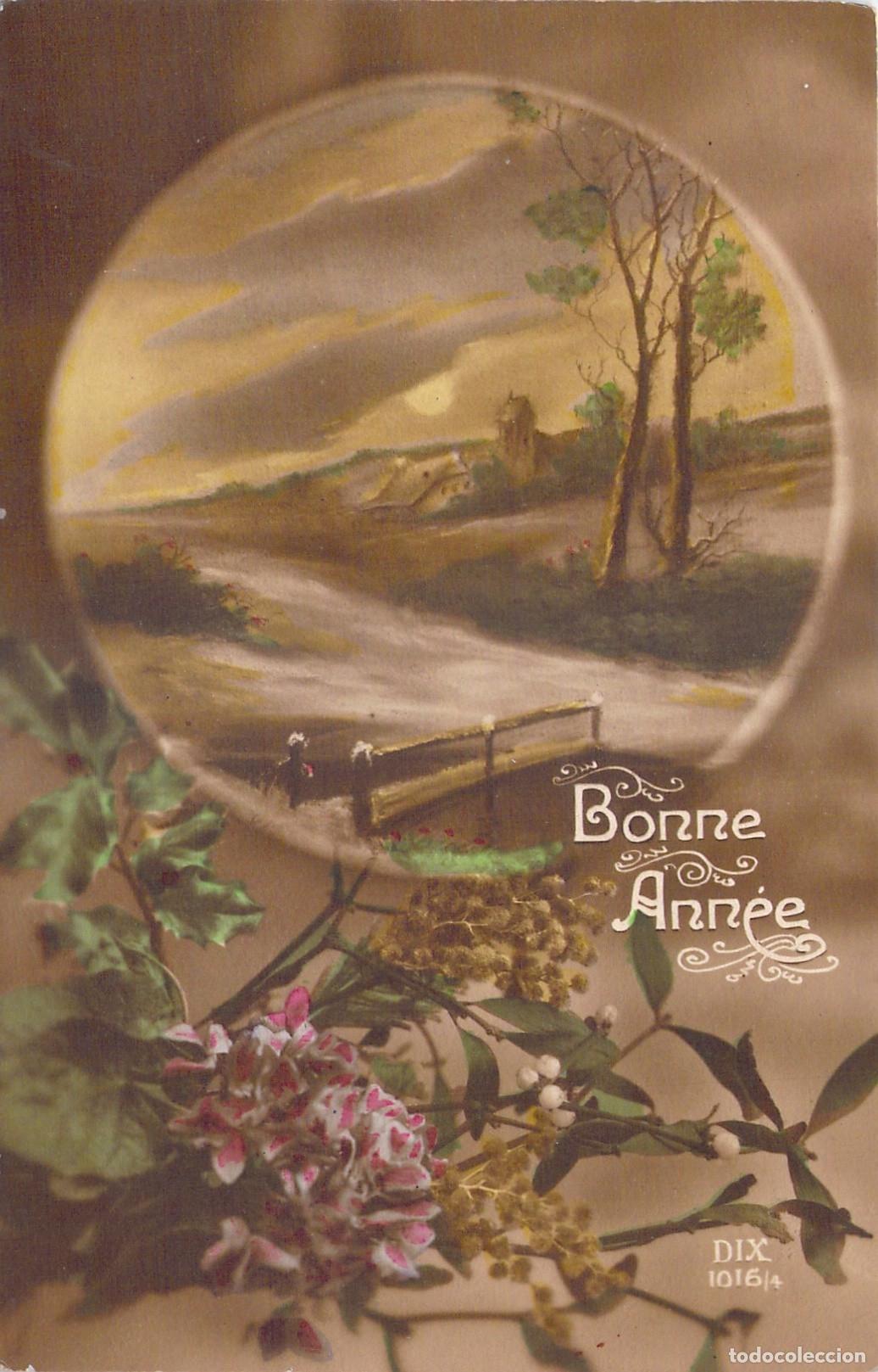 Postales: Postal de Feliz A&ntilde;o Nuevo con paisaje franc&eacute;s y decorado floral