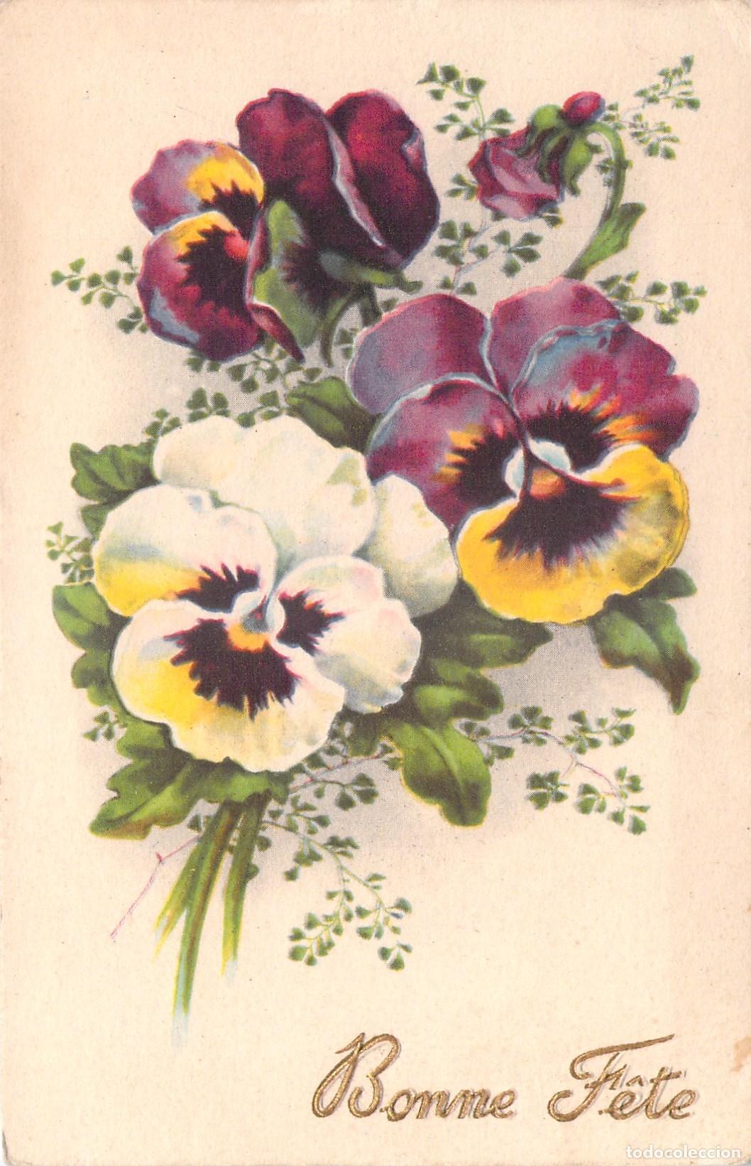 Postales: Postal con ilustraci&oacute;n de flores pensamientos y mensaje de Bonne Fete