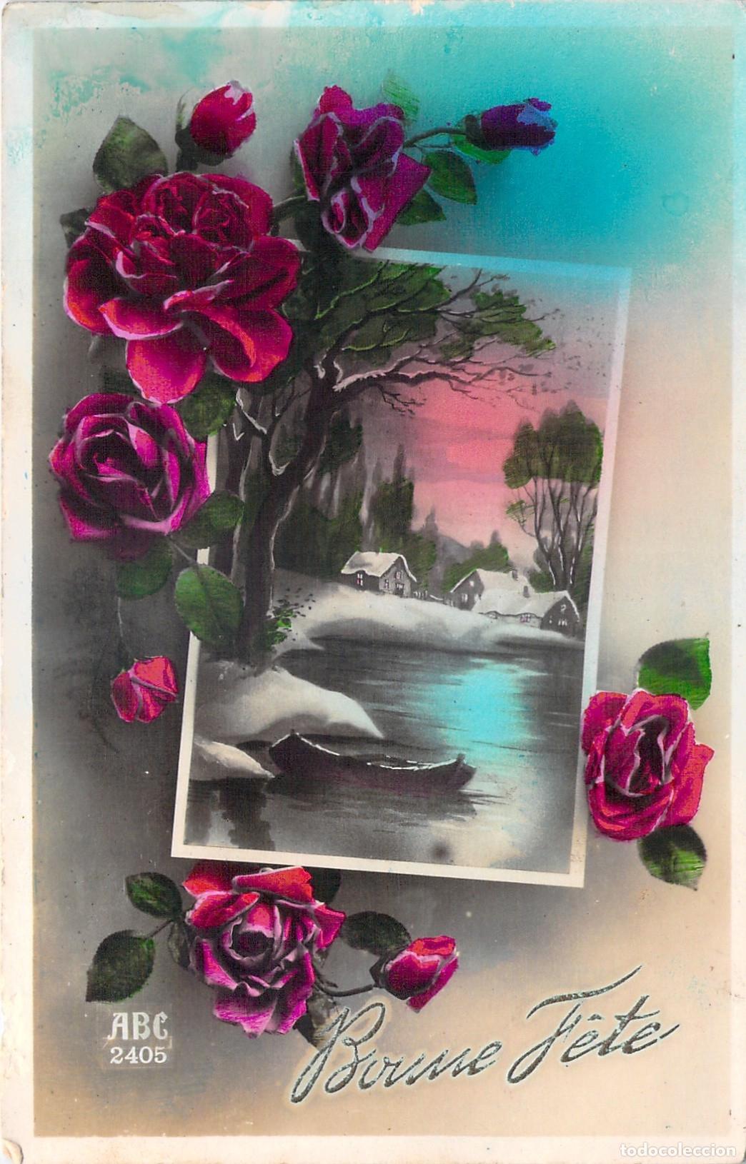 Postales: Postal con paisaje invernal y flores decorativas