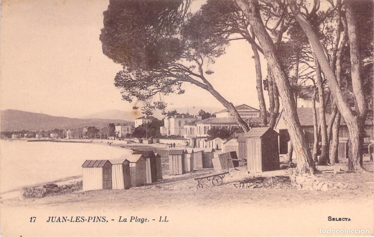 Cartoline: Postal de Juan-les-Pins Francia con playa y caba&ntilde;as