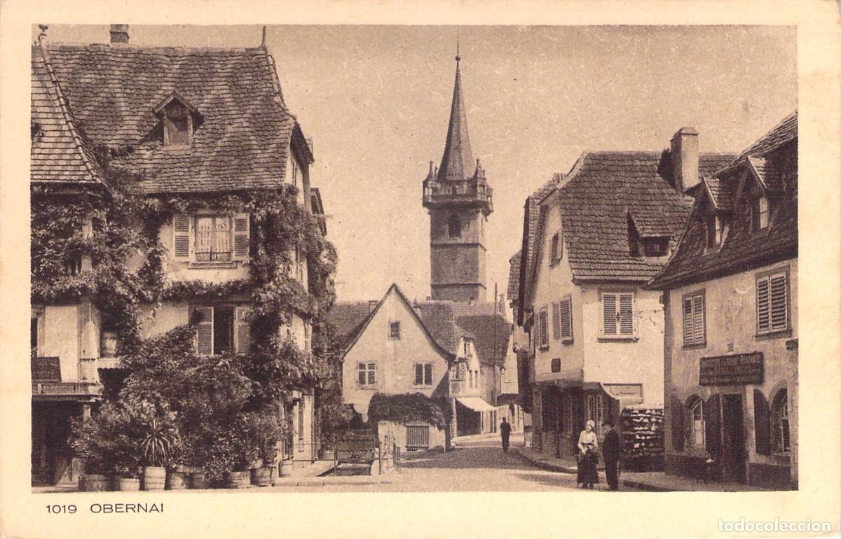 Cartoline: Postal de Obernai, Alsacia, Francia, vista de calle y campanario