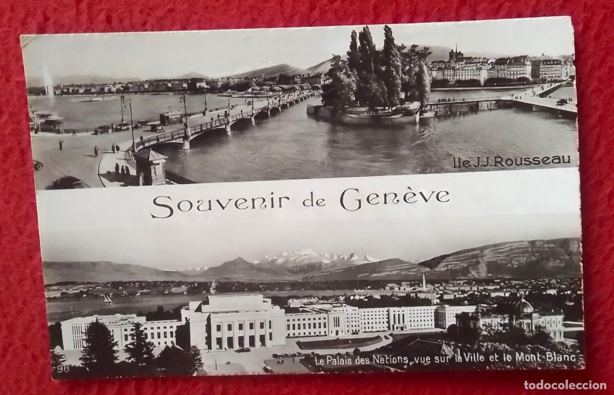 Postales: POSTAL CARTE POSTALE SUIZA GINEBRA SOUVENIR DE GEN&Egrave;VE ISLA ILE J. J. ROUSSEAU LE PALAIS DES NATIONS.