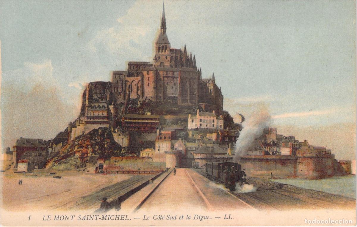 Cartoline: Postal de Le Mont Saint-Michel y el tren sobre la calzada en Francia