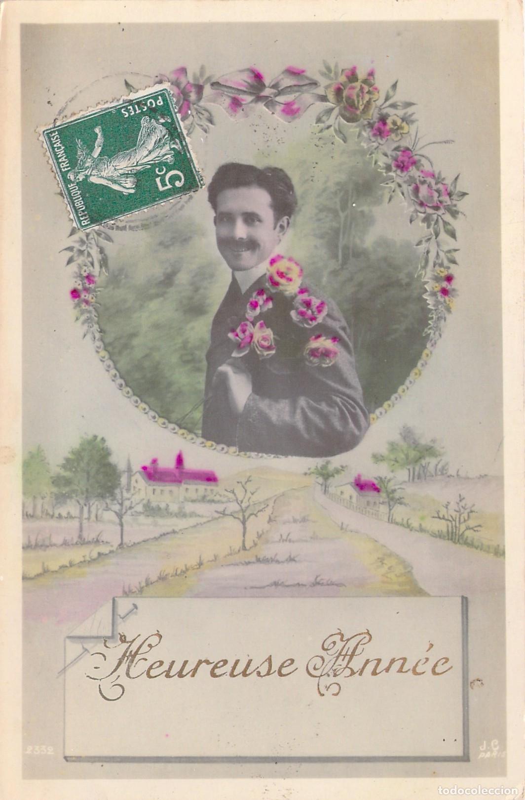 Postales: Postal de Feliz A&ntilde;o Nuevo con Retrato y Flores en Francia