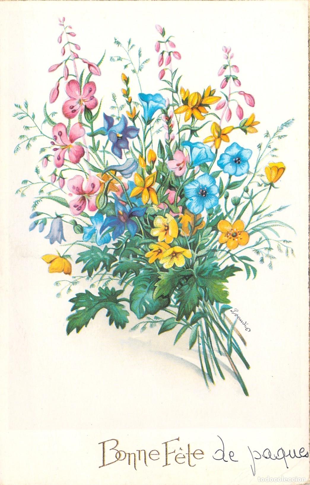 Postales: Postal de Feliz Pascua con ilustraci&oacute;n de flores de primavera