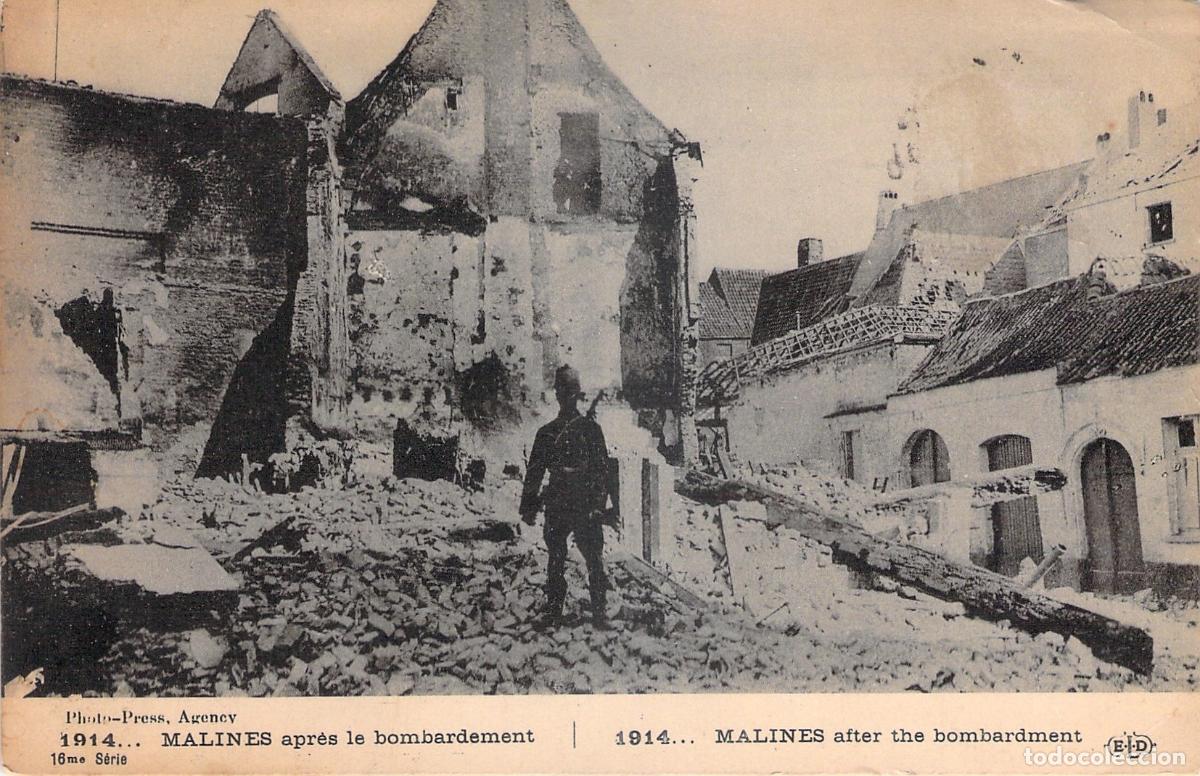 Postkarten: Postal de Malinas durante la Primera Guerra Mundial con da&ntilde;os de bombardeo