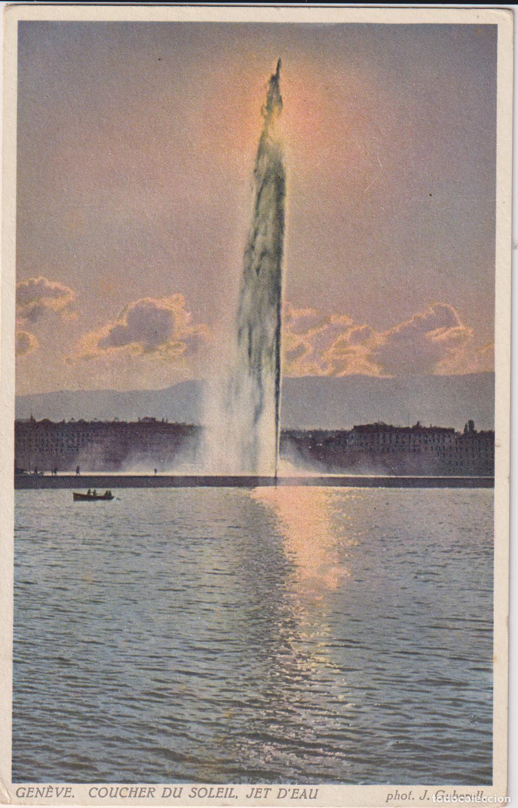 Postkarten: SUIZA, GINEBRA, LAGO LEMAN, JET D'EAU AL ATARDECER &ndash; GABERELL 12011 &ndash; CIRCULADA 1937