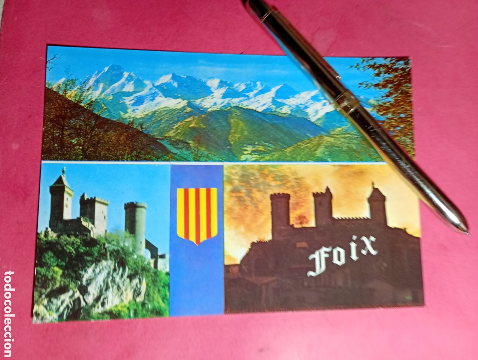 Postales: FOIX ESCUDO 4 BARRAS CASTILLO Y PIRINEOS NEVADOS (en frances) color no circulada