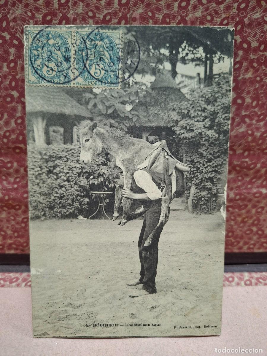 Postales: ANTIGUA POSTAL ROBINSON HOMBRE CON BURRO ASNO A HOMBROS FRANCIA