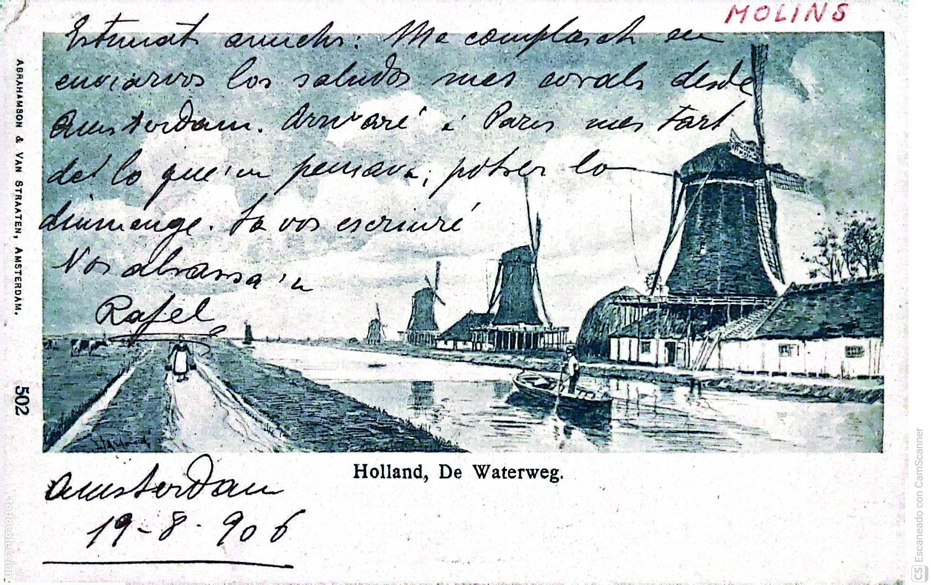 Postales: Holanda. Canal fluvial y Molinos. Postal usada con sello y fechada 19/8/1906.