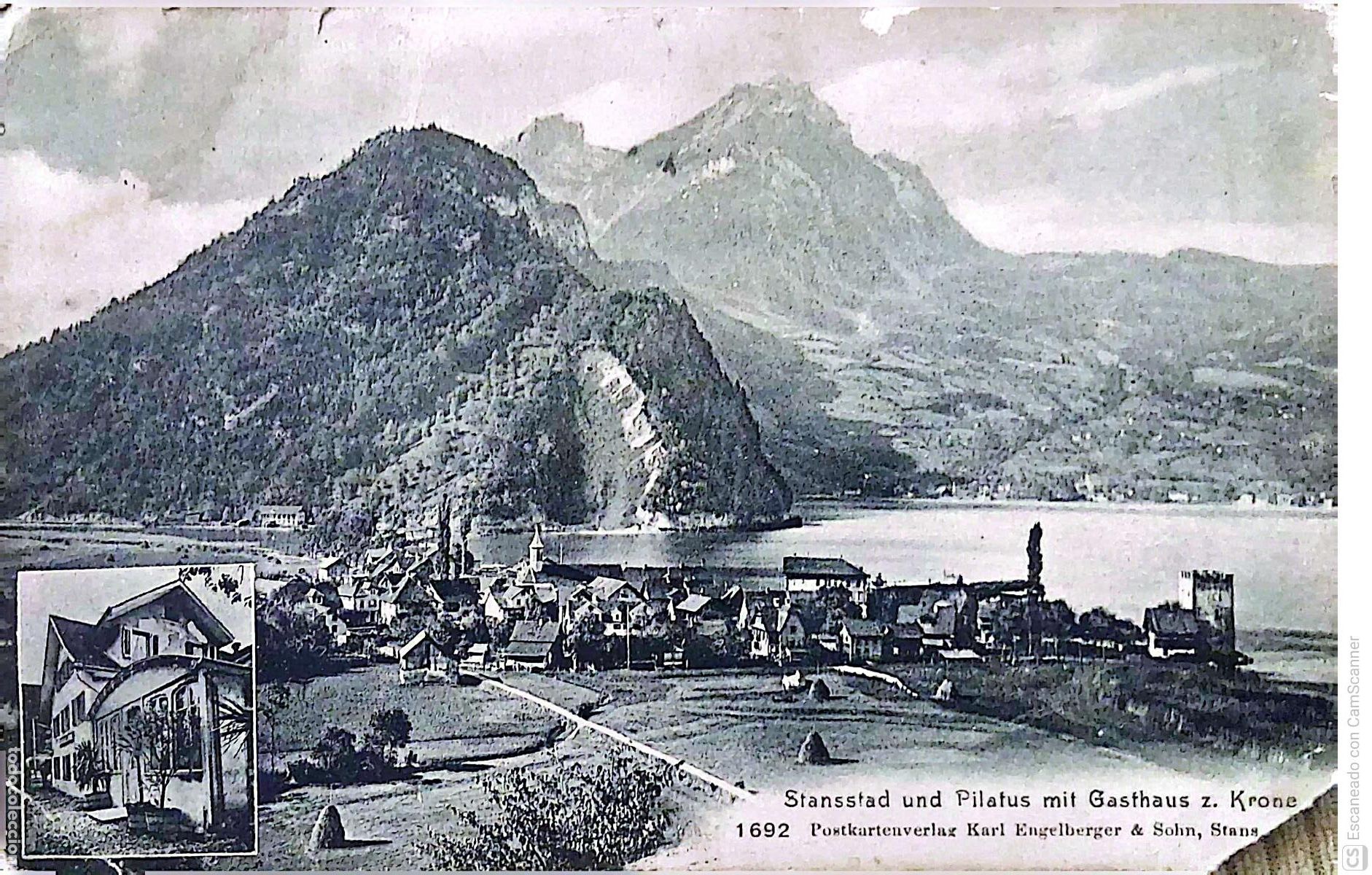 Postales: Stansstad (Comuna Suiza). Situada en el Lago de Lucerna, al pie del Monte Pilatus. Blanco/Megro. Usa