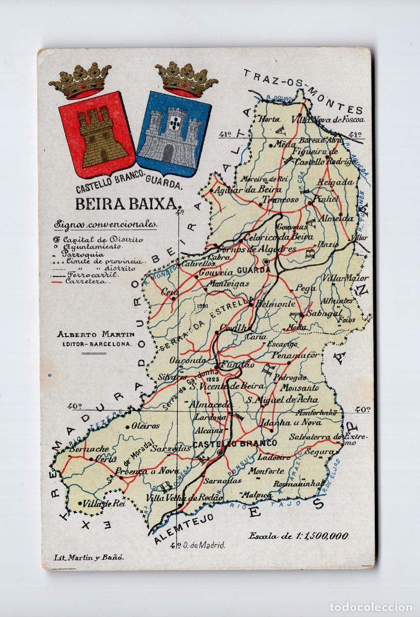 Postales: Mapa de Portugal. Castello Branco, Guarda, Beira Baixa. Circulada ~1912 -Edici&oacute;n Alberto Mart&iacute;n-