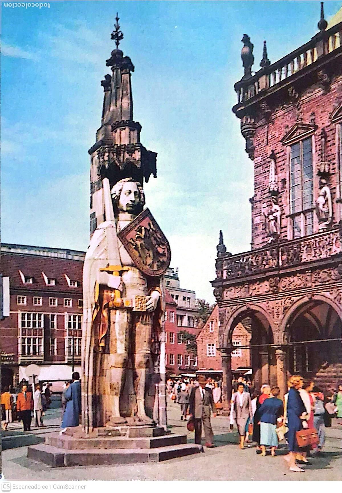 Postkarten: Bremen (Alemania). Estatua de Rolando de Bremen, es una monumental estatua de piedra Patrimonio de l
