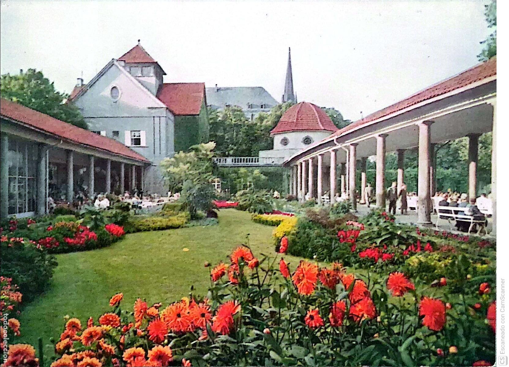 Postales: Bad Nauheim (Alemania). Wandelhalle (Galer&iacute;a de paseo) alberga hoy el Caf&eacute; Bistro Jost con un jard&iacute;n