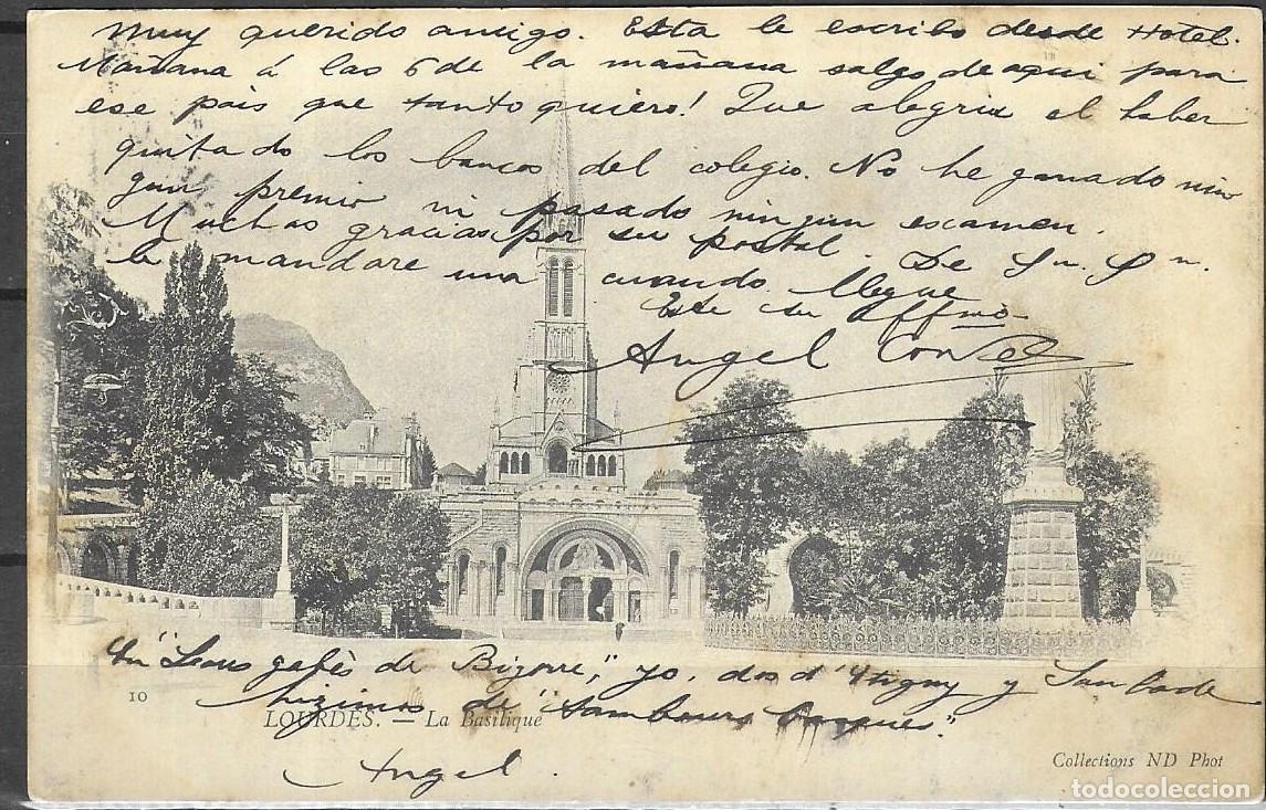 Postales: Tarjeta postal antigua - Bas&iacute;lica de Lourdes (Francia) - Ilustrada con mensaje manuscrito - Circulad