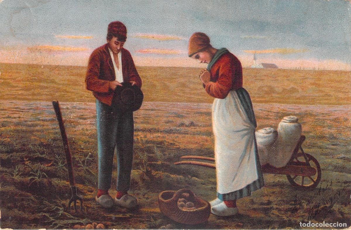 Postales: Postal de El &Aacute;ngelus de Millet en el campo