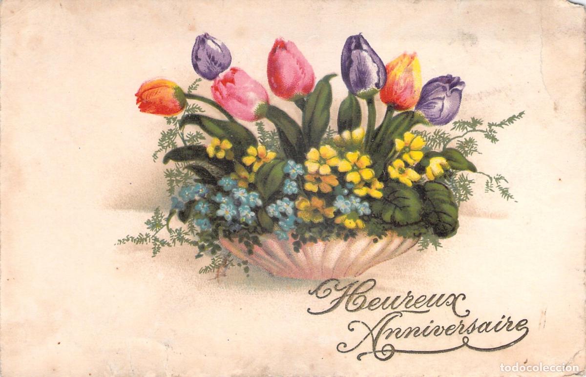 Postales: Postal antigua de Heureux Anniversaire con ramo de flores